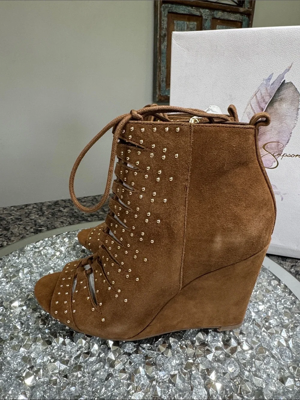 Jessica Simpson Brown Suede Lace-Up Studded Wedge Sandals NEW 6.5